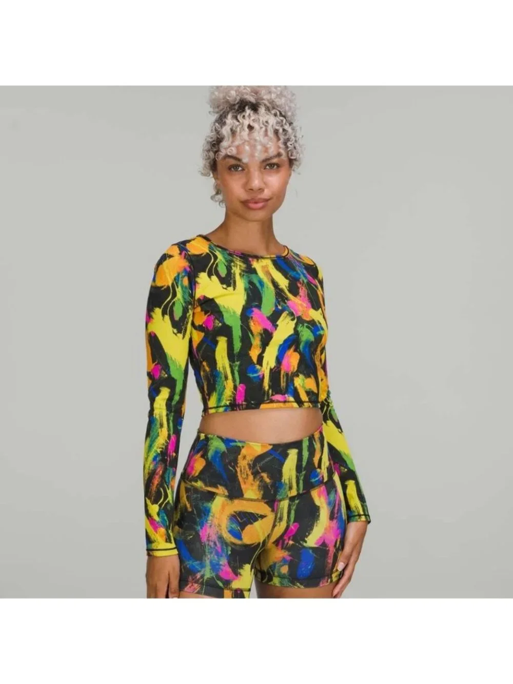 Lululemon Wunder Train Cropped Long Sleeve Shirt Undertone Black Multi